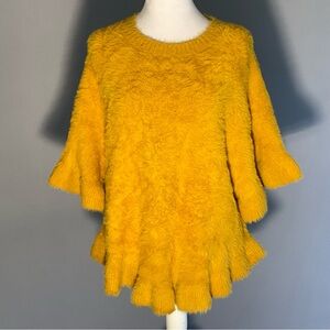 Ellison+Young Sunny Mustard Yellow Super Soft Fuzzy Poncho Ruffled Sleeves/Hem